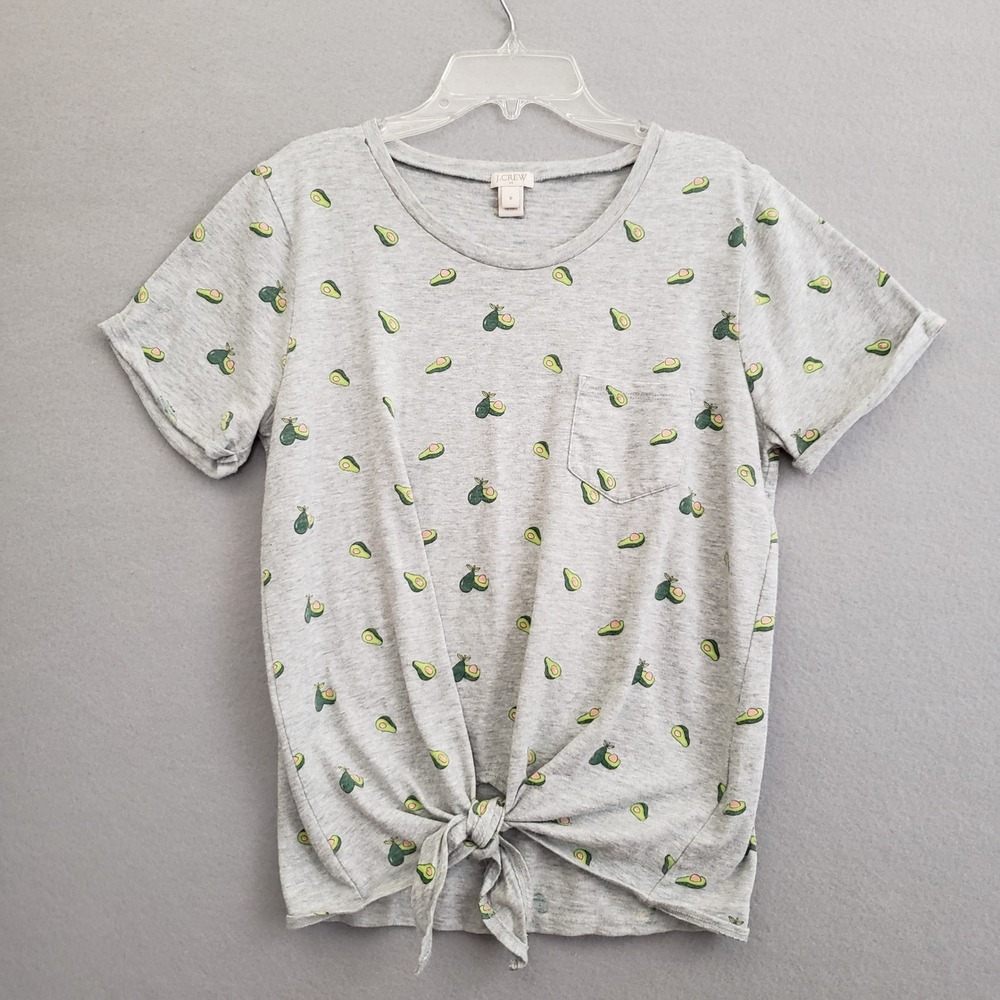 J.Crew Gray Avocado Print Front Tie Knot Pocket T-Shirt H6014 Womens Medium